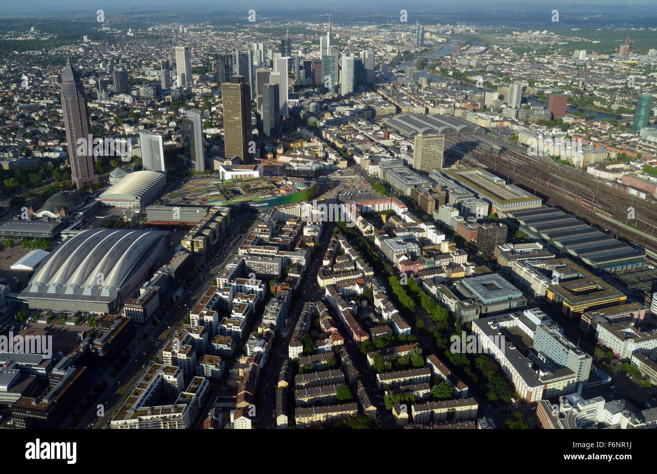 Aerial photo of Frankfurt skyline with fairground, central railway station and banking district 03.06.2015 Stock Photo