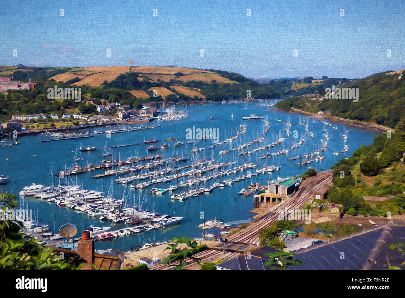 Dartmouth Devon England UK boats and yachts on the river with blue sky in summer illustration like oil painting Stock Photo
