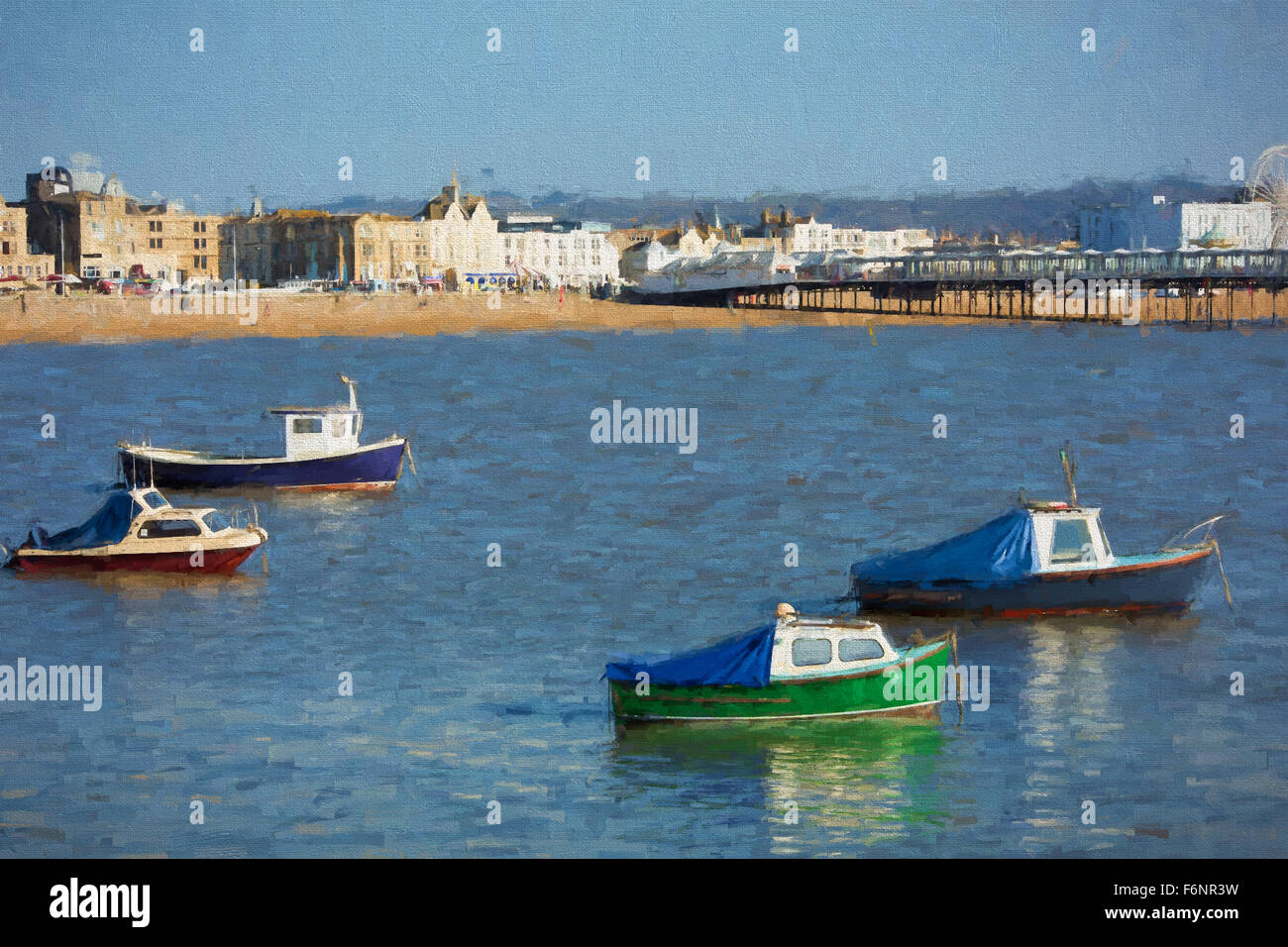 Weston-super-Mare Somerset boats seafront sea and pier illustration like oil painting Stock Photo