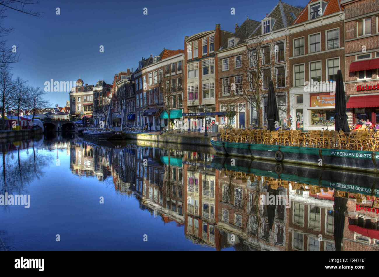 Leiden canal reflection of buildings and sky Stock Photo
