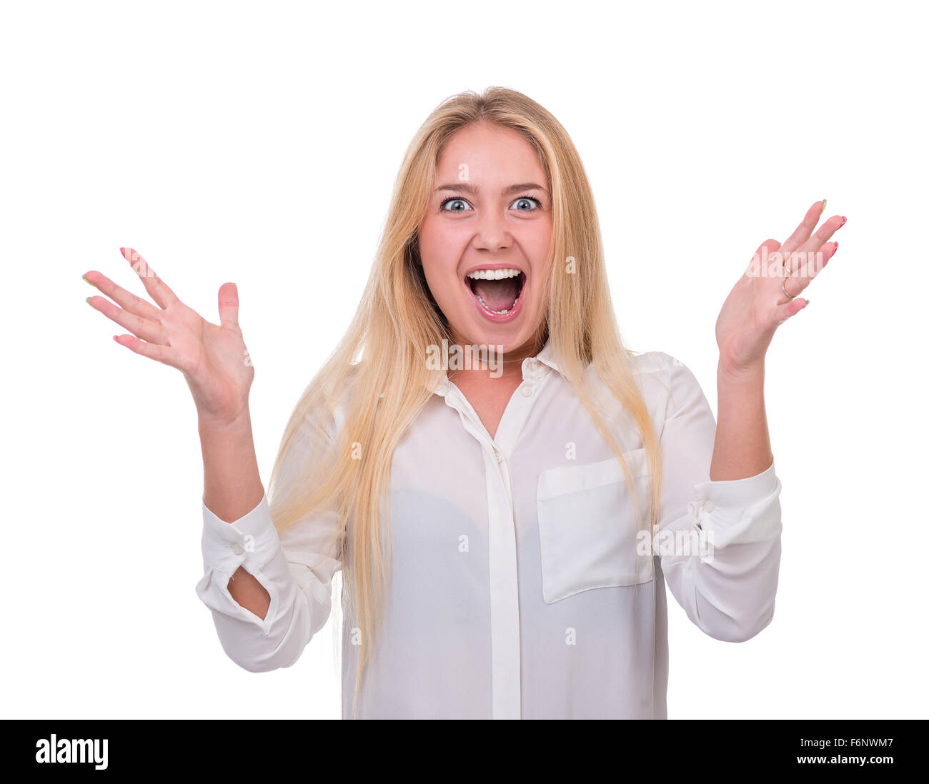 Closeup portrait of surprised young lady isolated on white Stock Photo ...