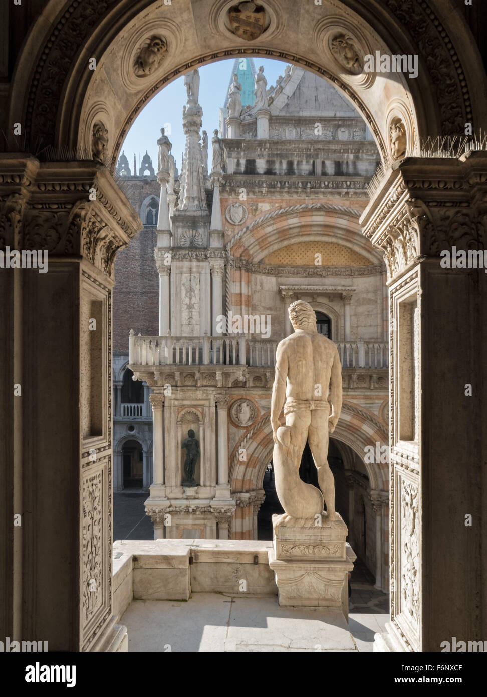 Details of the Grand Staircase in the courtyard of the Doge's Palace at St Marks Square, San Marco, Venice. Stock Photo