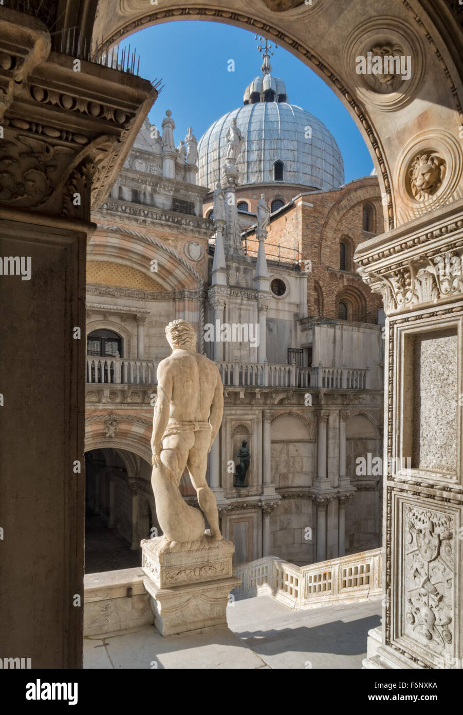 Details of the Grand Staircase in the courtyard of the Doge's Palace at St Marks Square, San Marco, Venice. Stock Photo