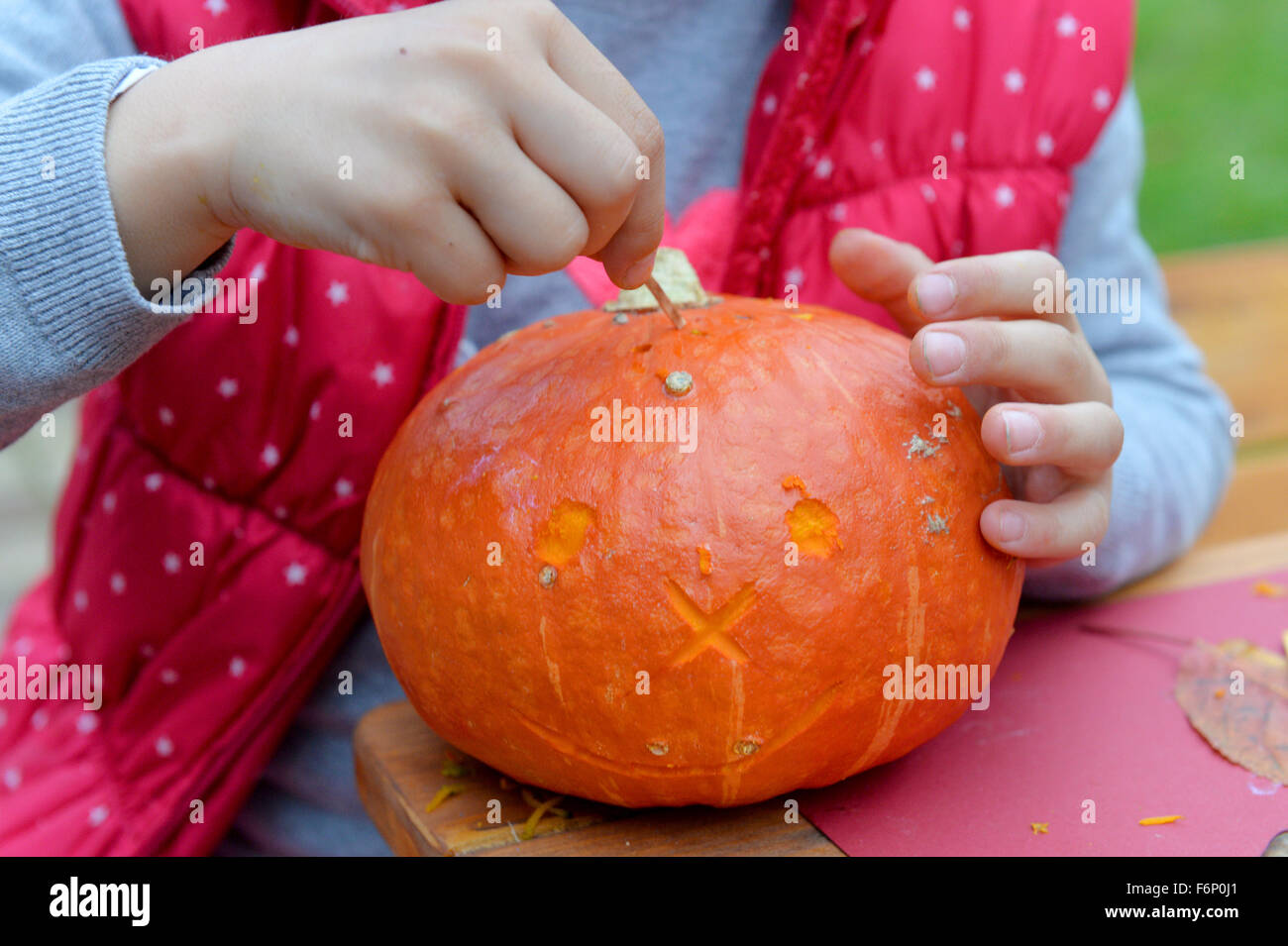 A girl is scratching a face into a pumpkin. Stock Photo