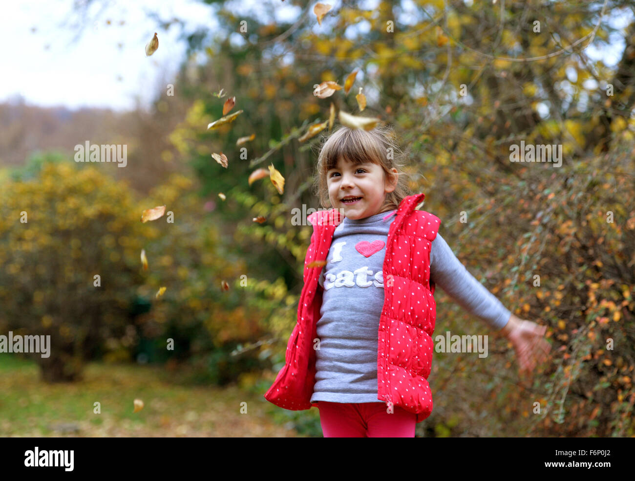 A gril throwing leaves in the autumn garden. Stock Photo
