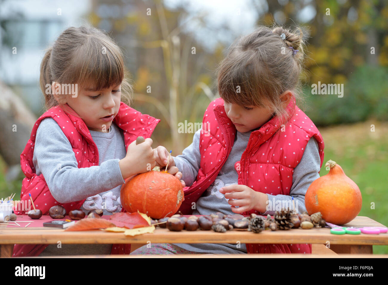 Twin girls creating funny figures out of pumpkin, chestnut and leaves. Stock Photo