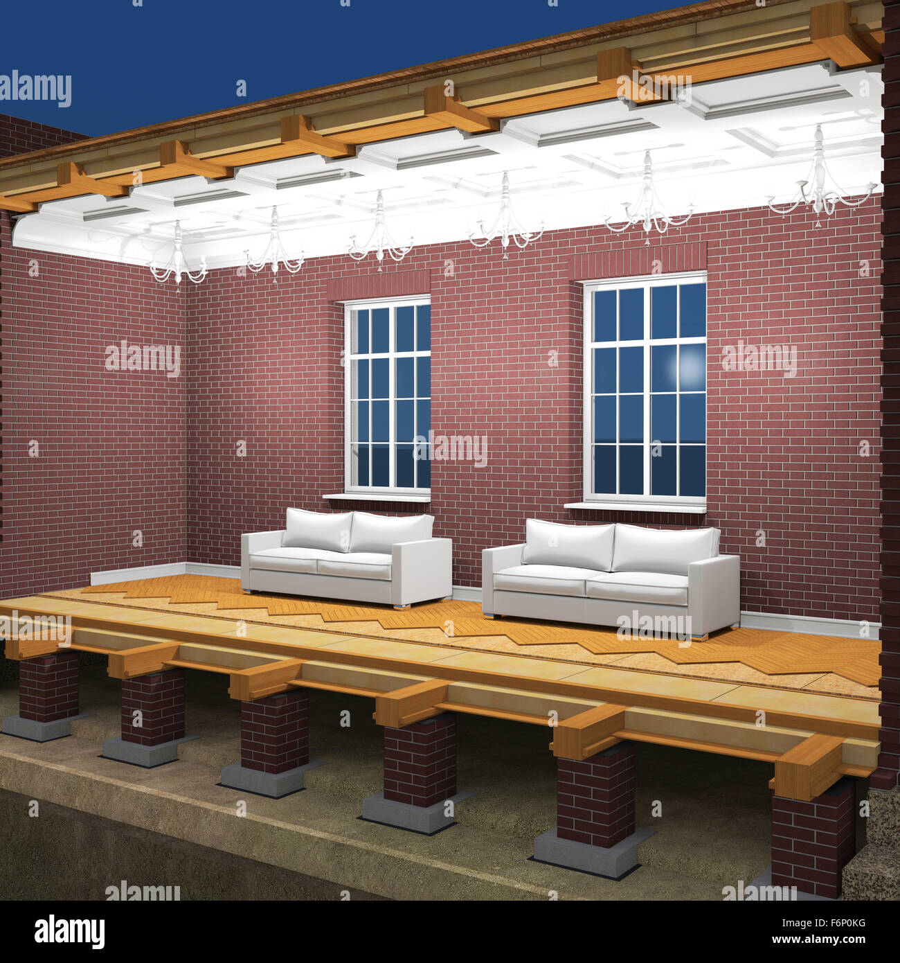 Cross section of brick house at night. 3D rendering Stock Photo