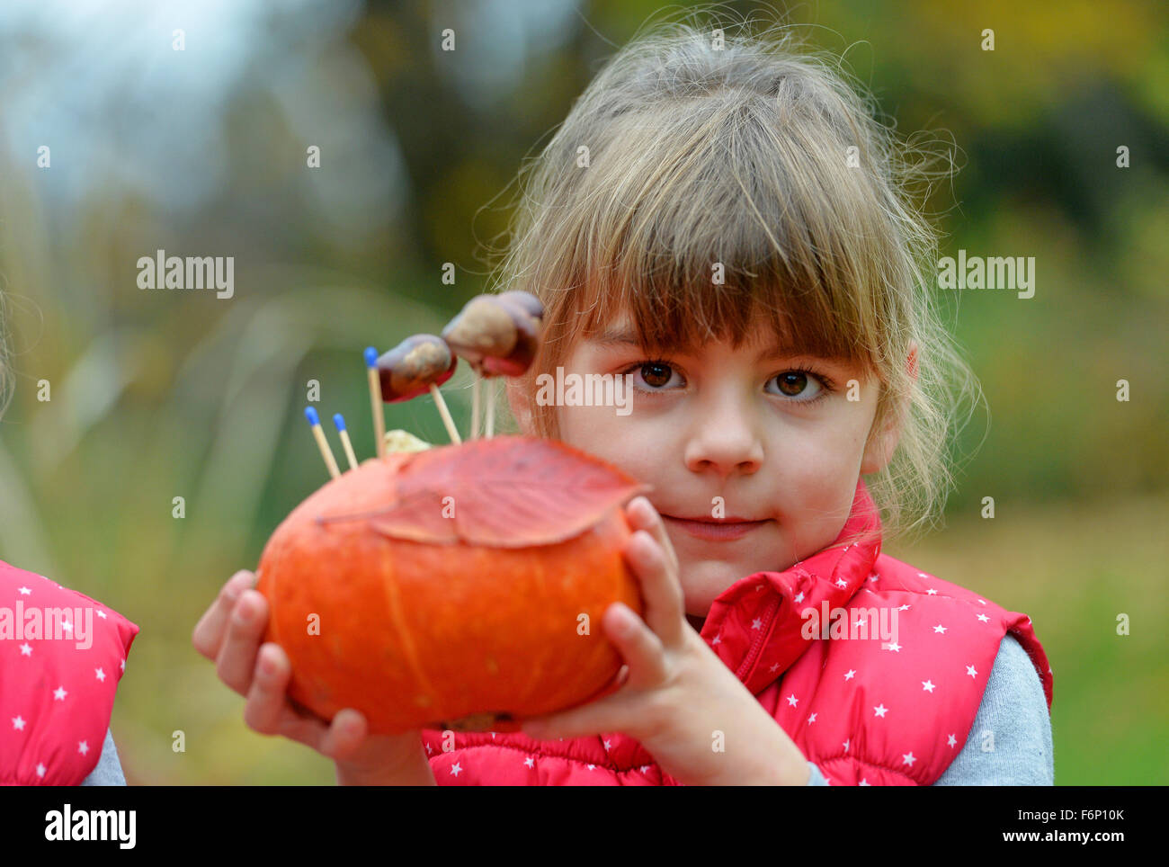 Proudly a girl presents her craft made of pumpkin, leaves, chestnuts and matches. Stock Photo