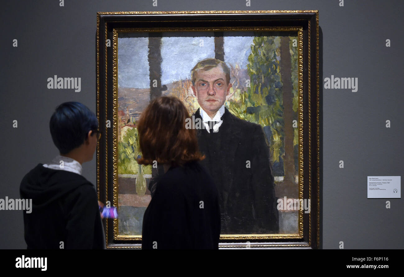 Berlin, Germany. 18th Nov, 2015. Two women look at the painting 'Self portrait, Florence' (oil on canvas, 1907) by Max Beckmann during a preview of the exhibition 'Max Beckmann and Berlin' in the Berlinische Galerie in Berlin, Germany, 18 November 2015. The exhibition can be seen from 20 November 2015 until 15 February 2016. Photo: SOEREN STACHE/dpa/Alamy Live News Stock Photo