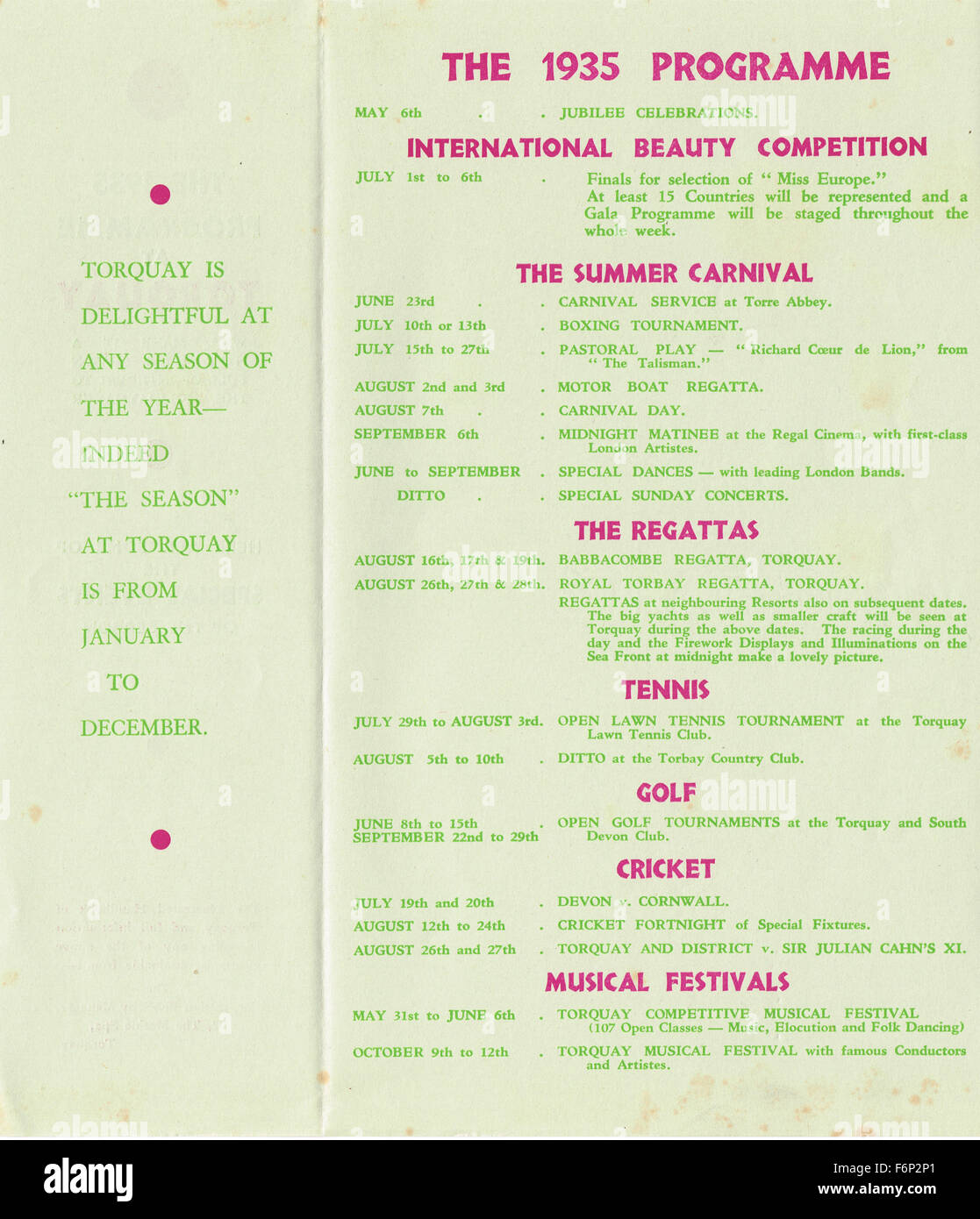 1935 Torquay tourist programme of events Stock Photo