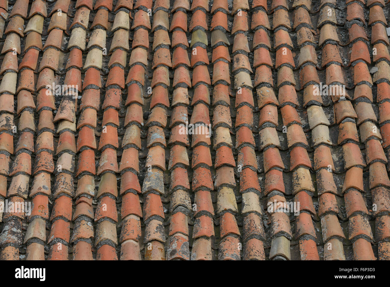 High angle close-up view of old ramshackle tiled roof as background ...