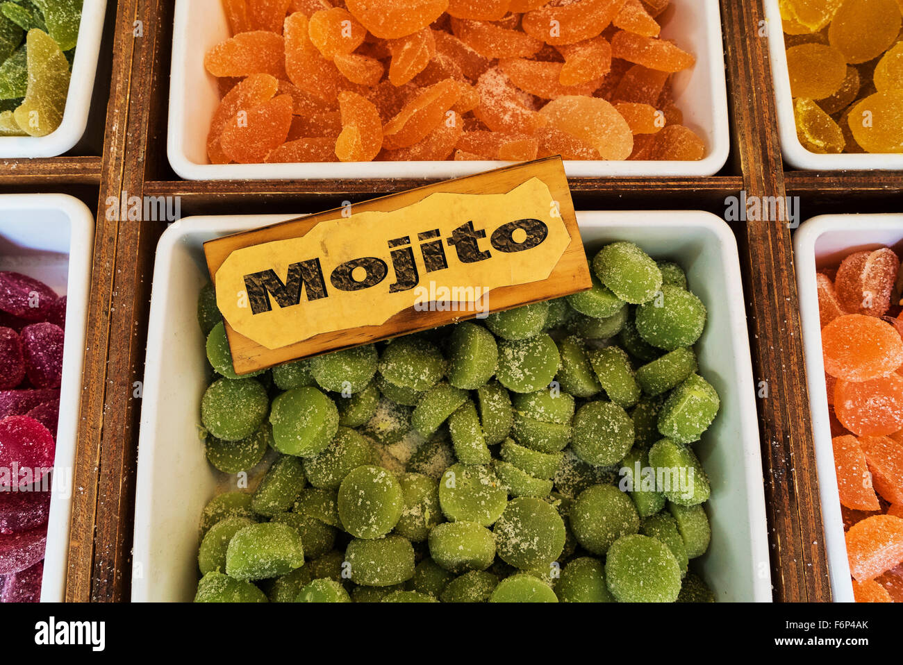 Colorful candy in bins, Mojito flavor. Stock Photo