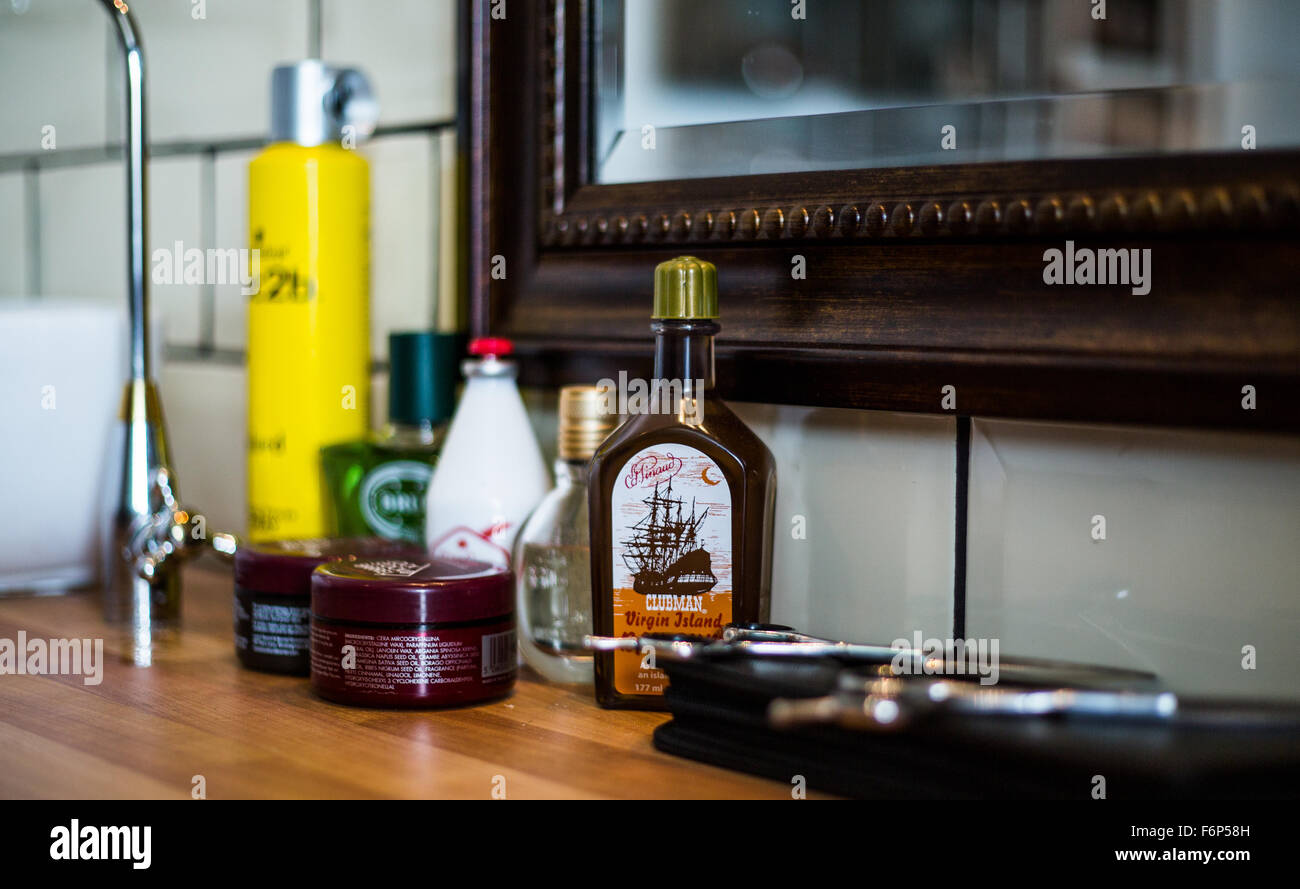Products in a barber shop. Stock Photo