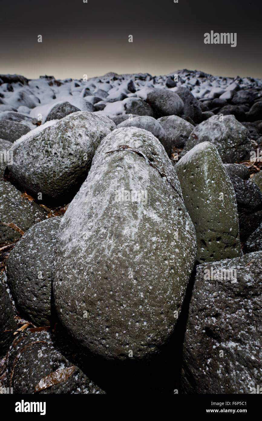 Snow covered rocks, Hafnarfjordur, Iceland Stock Photo