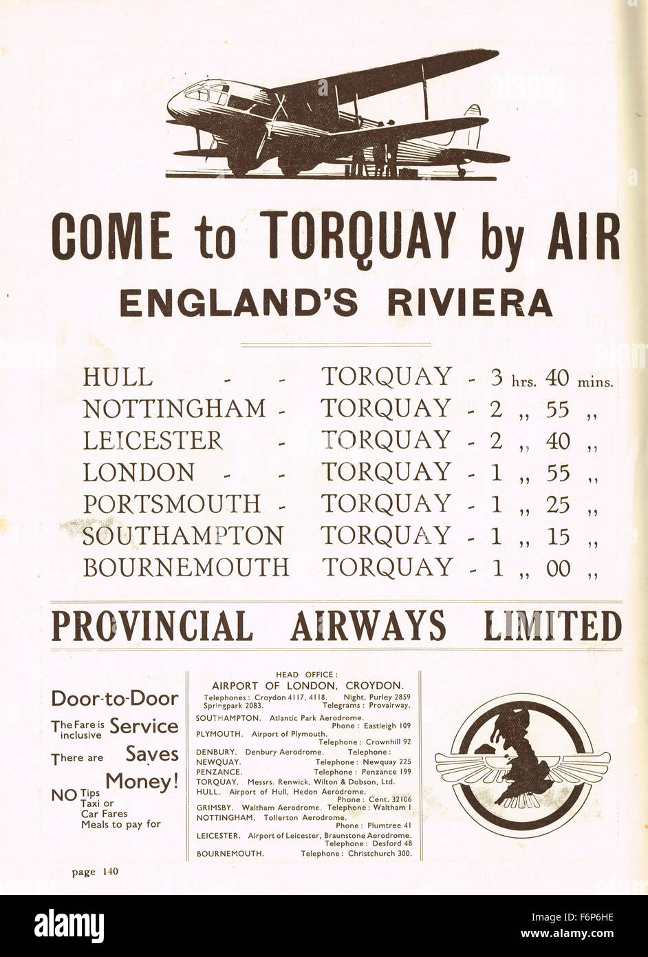 1935 Provincial Airways early air travel advert Stock Photo