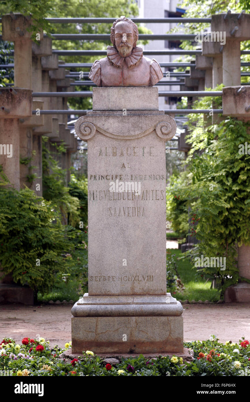 Monument to Miguel de Cervantes Saavedra in Albacete, Spain. Parque Abelardo Sanchez. Stock Photo