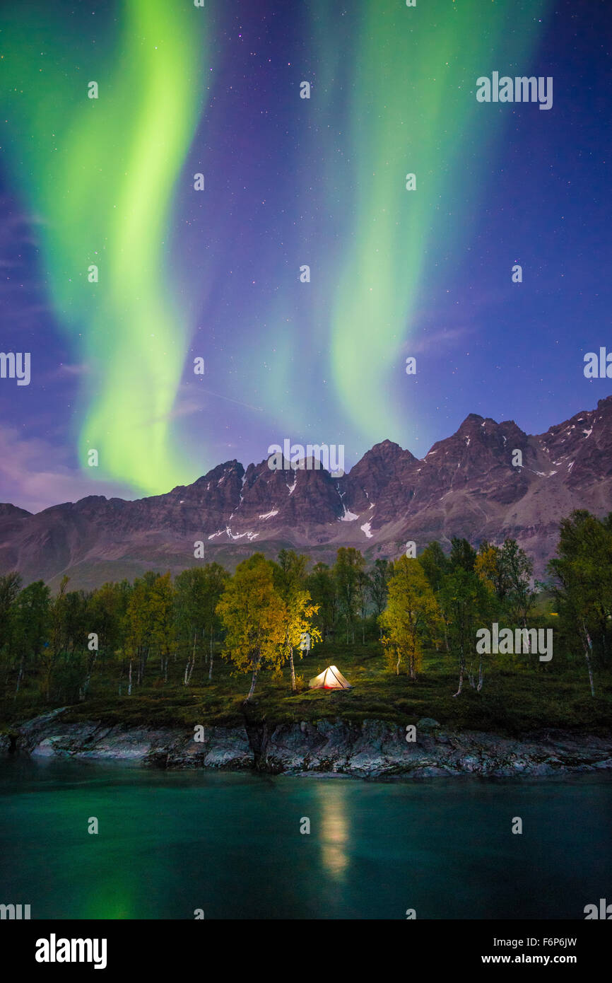 Camping under the Northern Lights Stock Photo