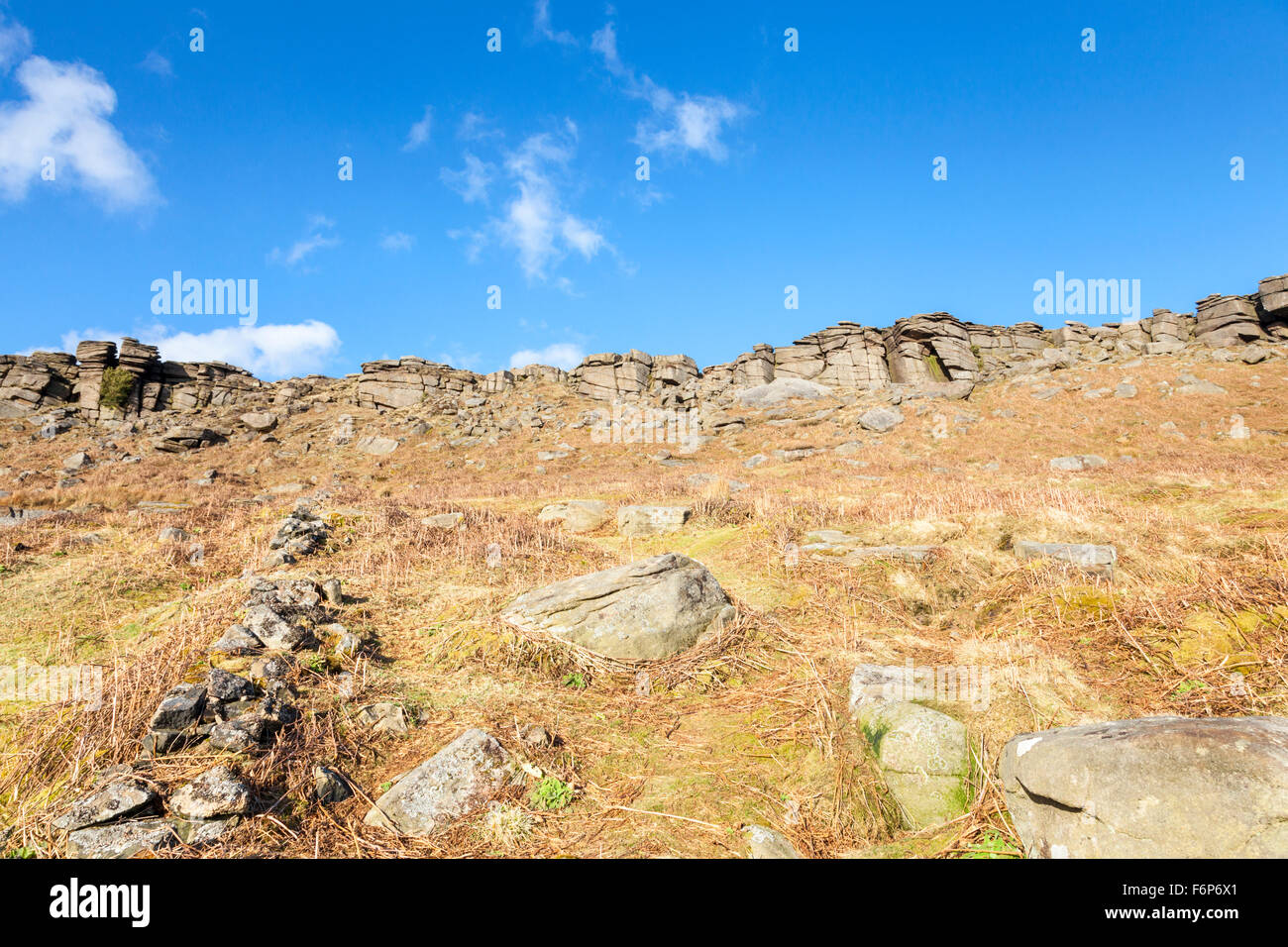 A hillside of old bracken on moorland with Stanage Edge, a gritstone escarpment, in the distance. Derbyshire, Peak District, England, UK Stock Photo
