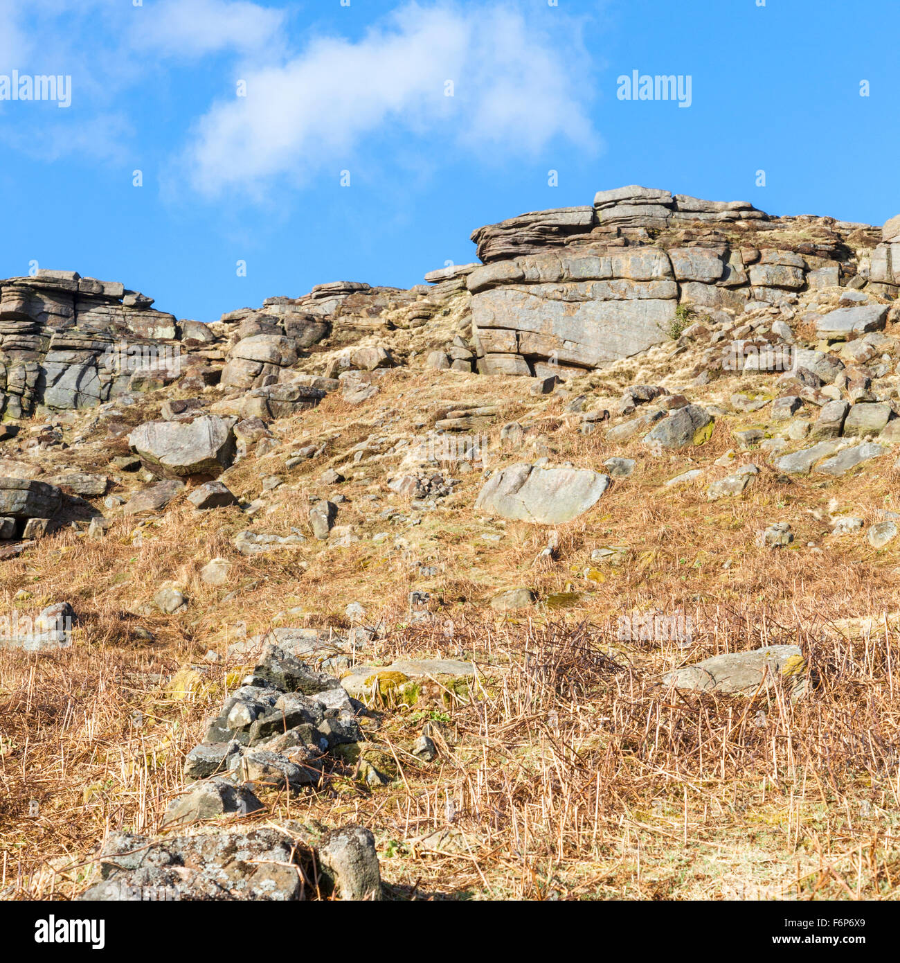 A section of Stanage Edge, Peak District National Park seen from moorland below. Derbyshire, England, UK Stock Photo