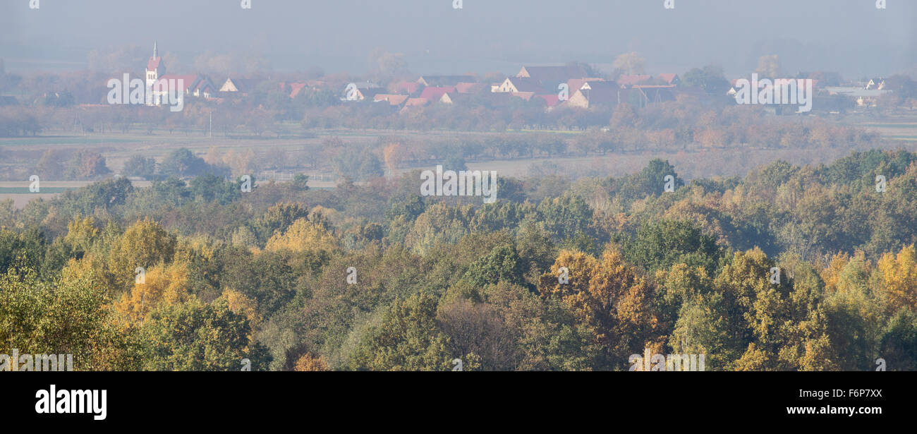 Colorful hazy sunny autumn landscape Lower Silesia Stock Photo