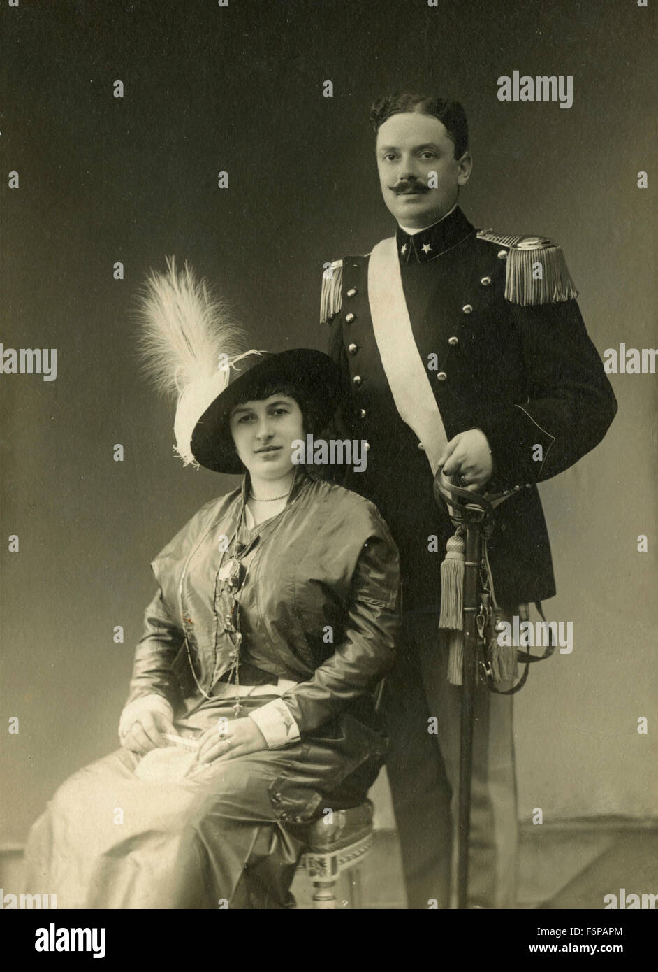 Portrait of an officer with his wife, Italian Stock Photo