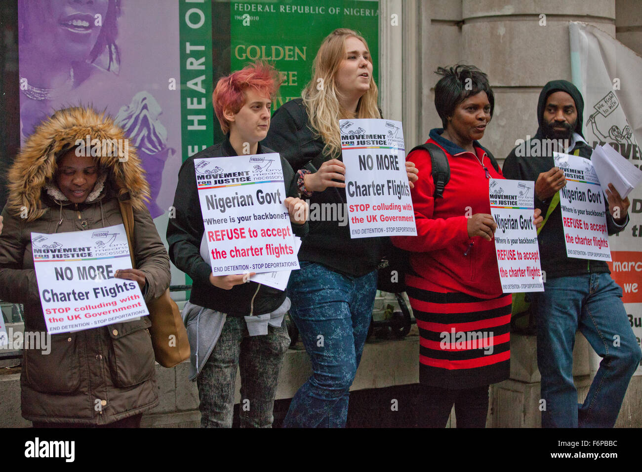 London, UK. 18th Nov, 2015. Activists from Movement for Justice protest outside the Nigerian High Commission in London against chartered deportation flights to Nigeria. Credit:  Mark Kerrison/Alamy Live News Stock Photo