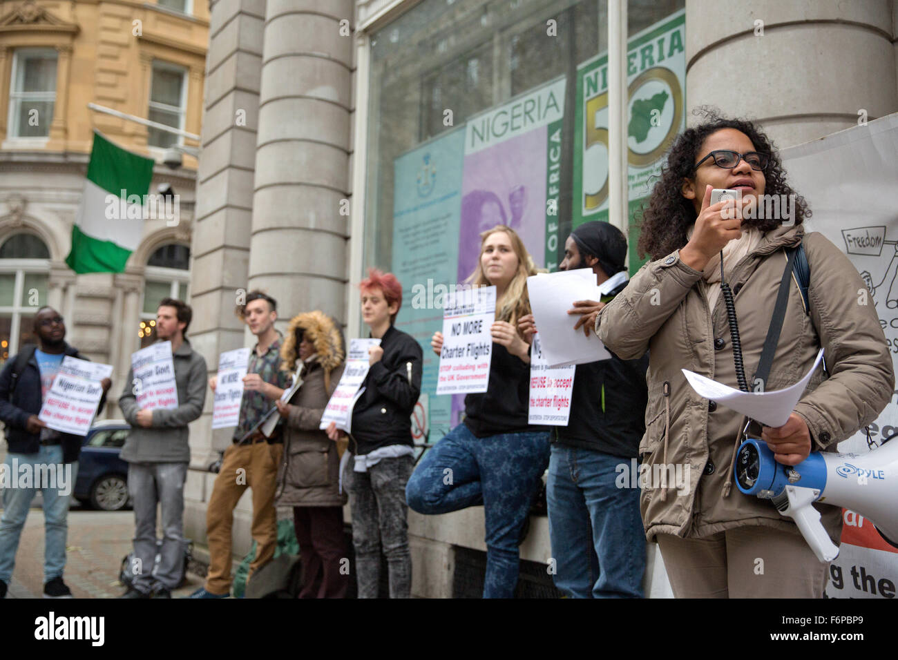 London, UK. 18th Nov, 2015. Antonia Bright of Movement for Justice addresses the protest against chartered deportation flights to Nigeria outside the Nigerian High Commission in London. Credit:  Mark Kerrison/Alamy Live News Stock Photo
