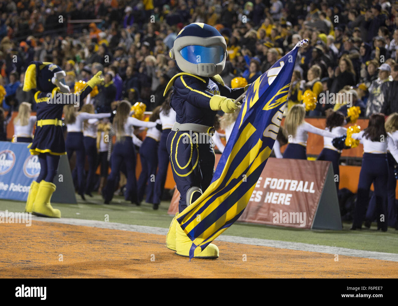 Bowling Green, Ohio, USA. 17th Nov, 2015. Toledo mascot celebrates during NCAA football game action between the Toledo Rockets and the Bowling Green Falcons at Doyt L. Perry Stadium in Bowling Green, Ohio. Toledo defeated Bowling Green 44-28. John Mersits/CSM/Alamy Live News Stock Photo