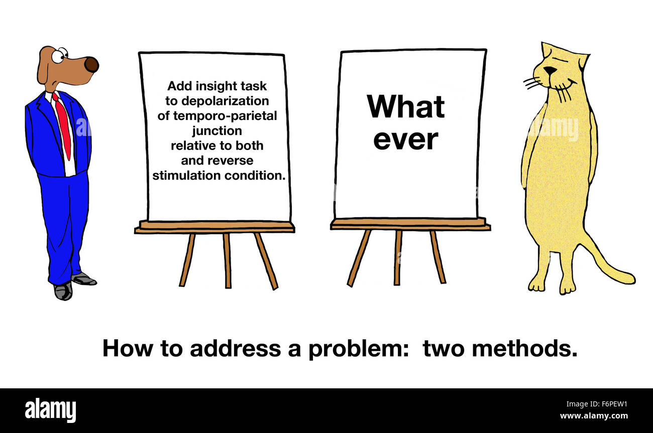 Business cartoon showing two different way to solve a problem. Stock Photo