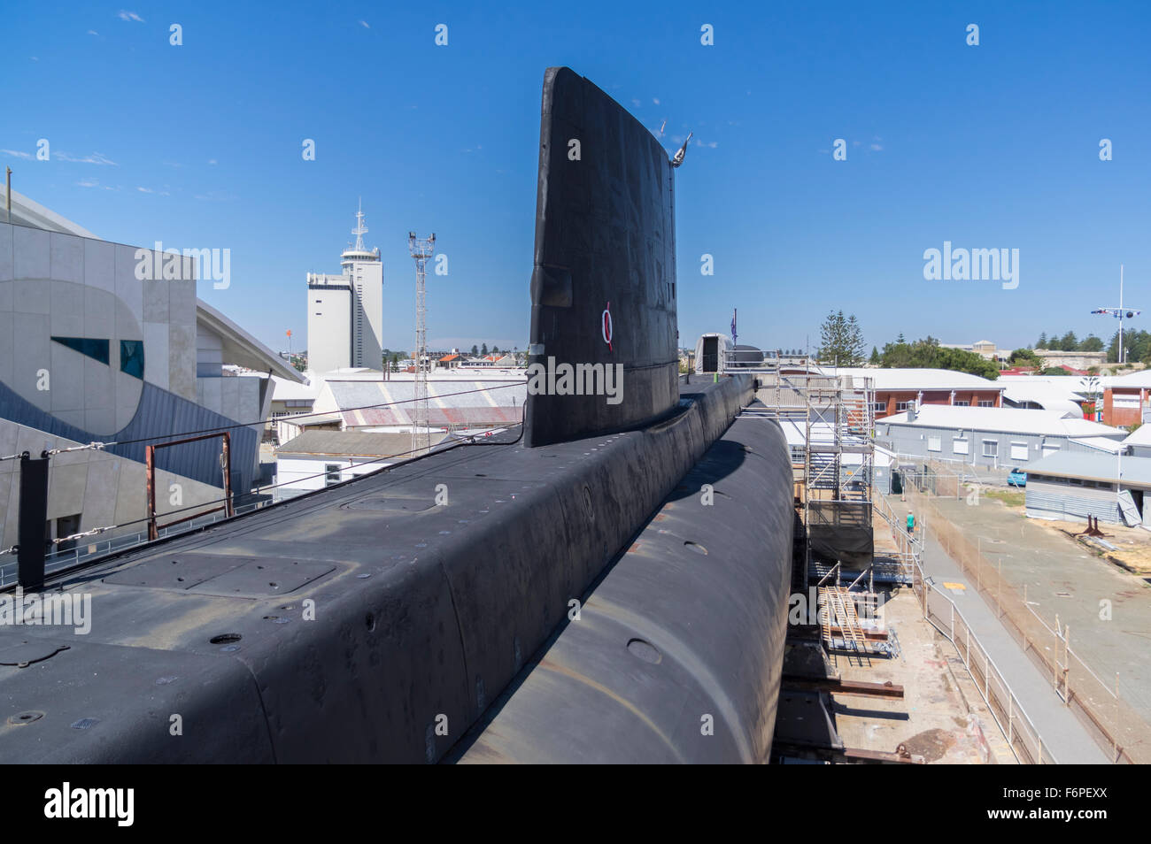 Royal Australian Navy submarine HMAS Ovens in drydock on display in the