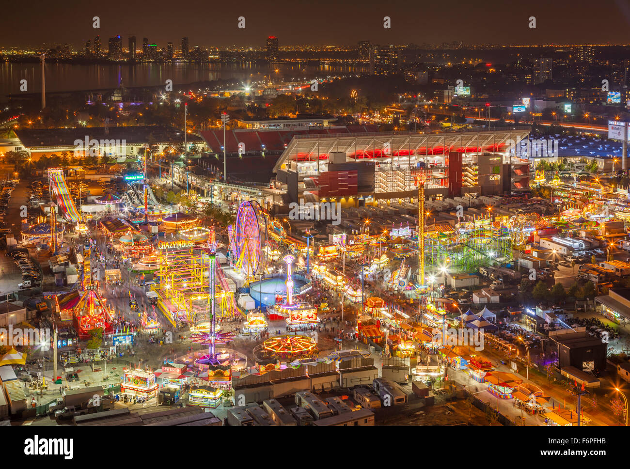 An elevated view of the Canadian National Exhibition (CNE) looking west