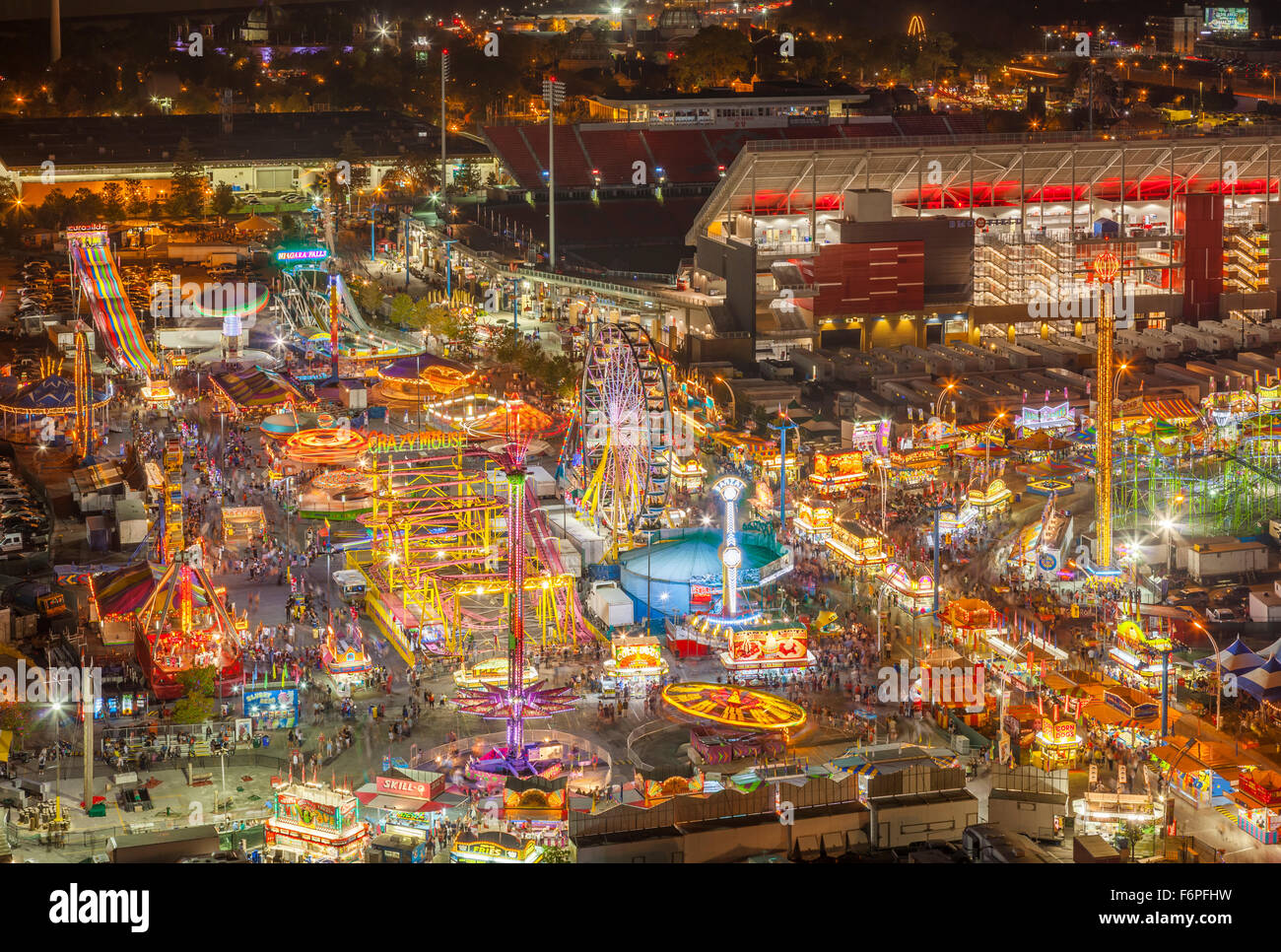 An elevated view of  the Canadian National Exhibition (CNE) looking west. Toronto, Ontario, Canada. Stock Photo