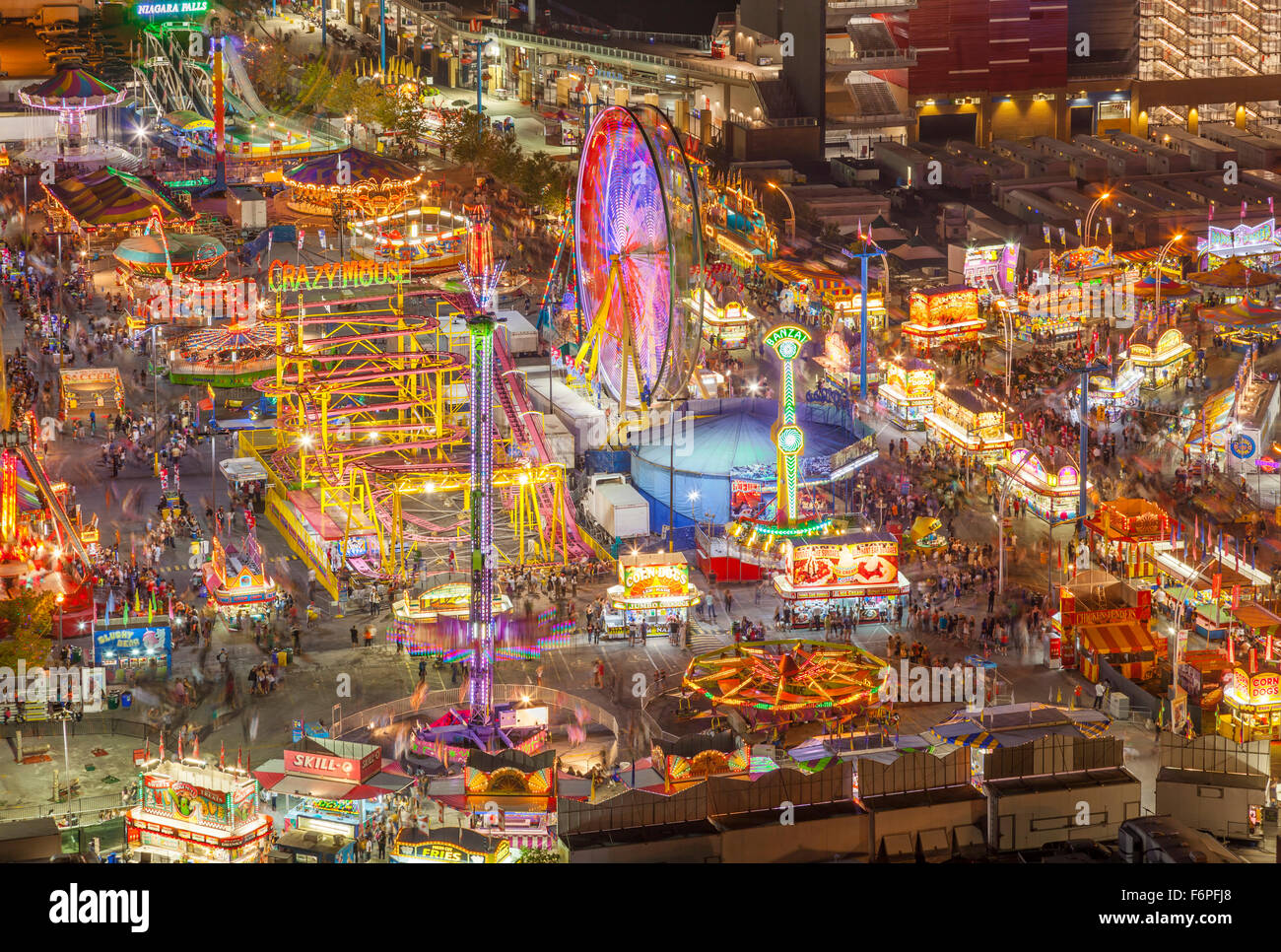 An elevated view of  the Canadian National Exhibition (CNE) looking west. Toronto, Ontario, Canada. Stock Photo