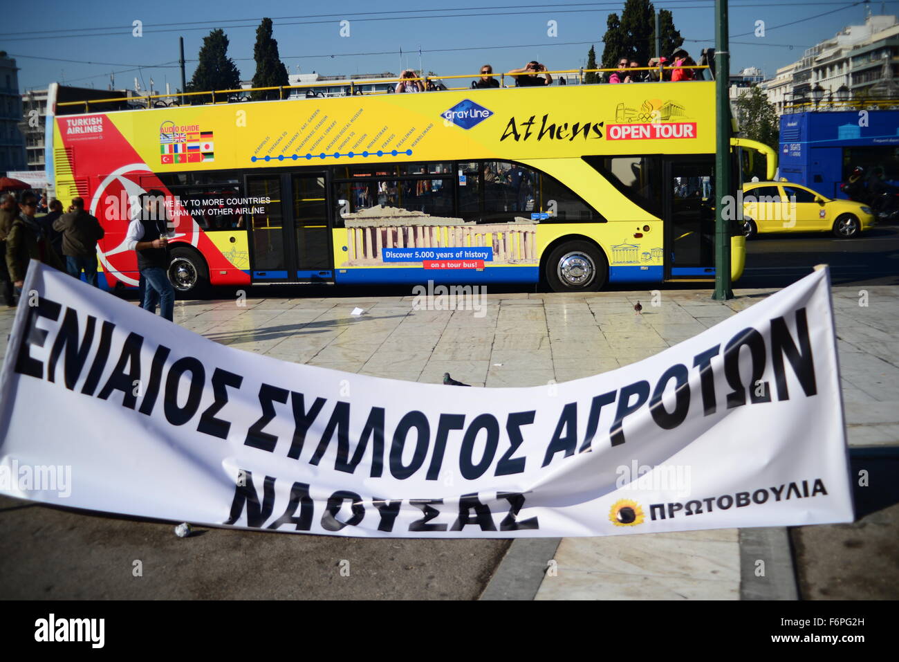 Athens, Greece. 18th Nov, 2015. Bus with tourists is passing outside ...