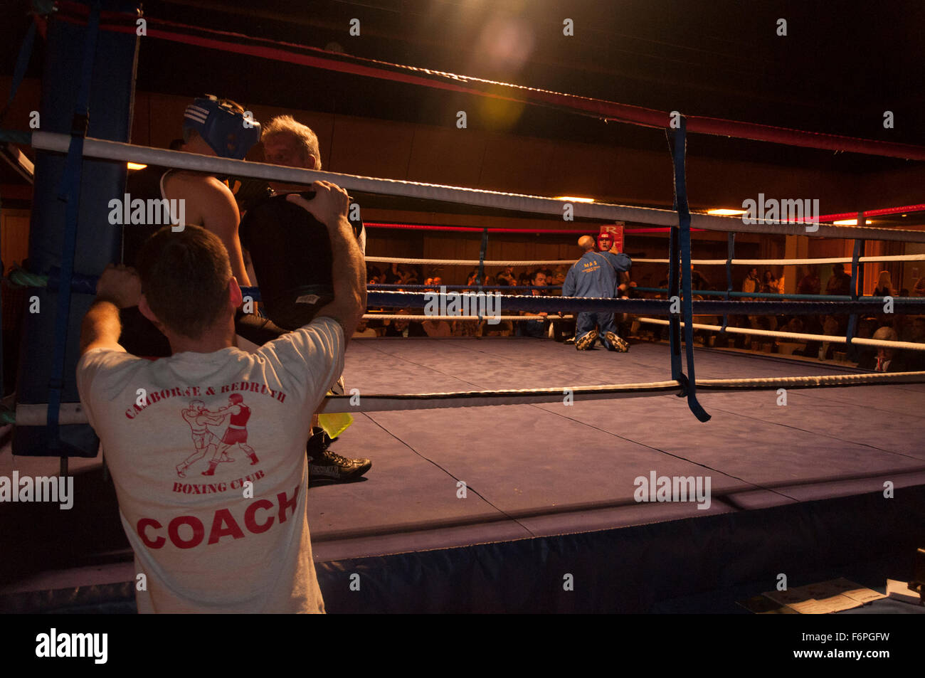 Young boxers rest in their corners and are attended to by their coaches