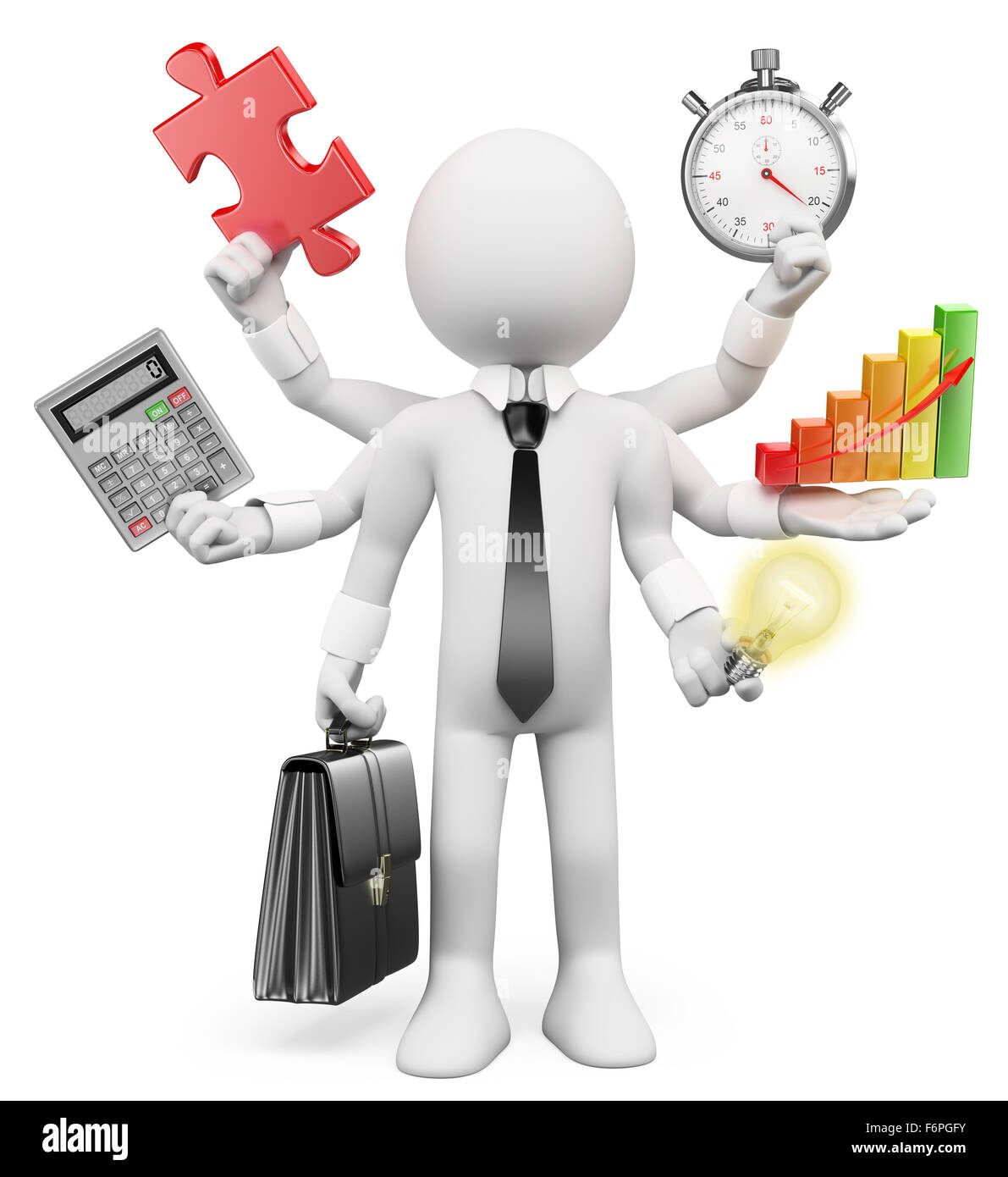 3d white people. Multitasking businessman with puzzle piece calculator graphic stopwatch bulb. Isolated white background. Stock Photo