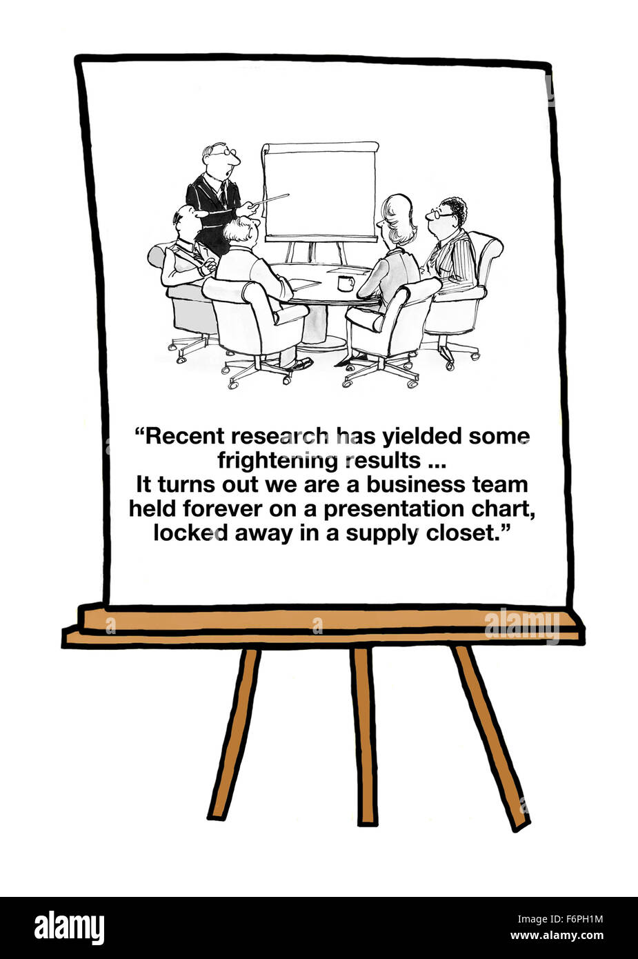 Business cartoon about a business team stuck within a presentation chart that is locked in a supply closet forever. Stock Photo