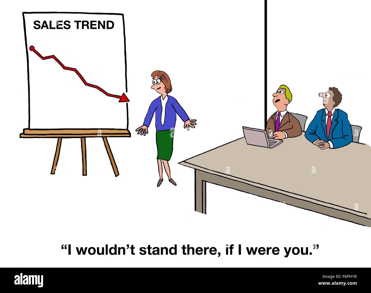 Business cartoon showing a chart with a negative sales trend, 'I wouldn't stand there, if I were you'. Stock Photo