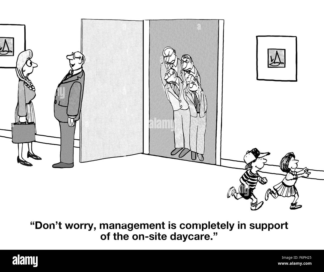 Business cartoon of misleading an employee, 'Don't worry, management is completely in support of the on-site daycare'. Stock Photo