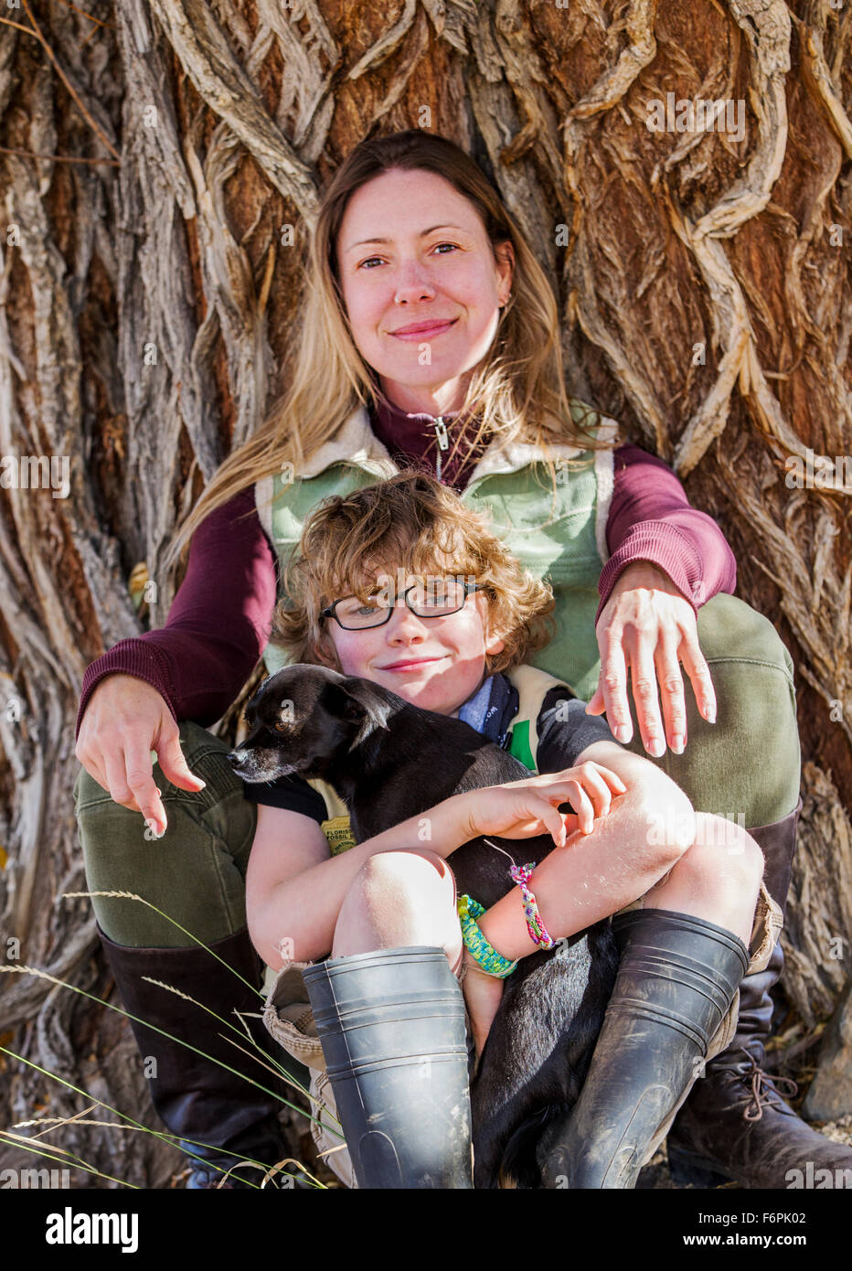 Attractive mother and young son pose with pet dogs for photographs by tree on ranch Stock Photo