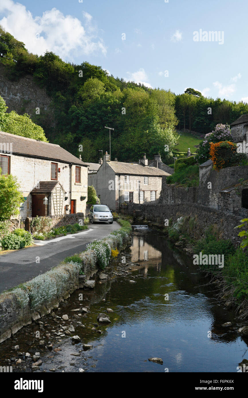 Riverside Cottages Castleton Derbyshire England UK. Houses by the village stream Stock Photo