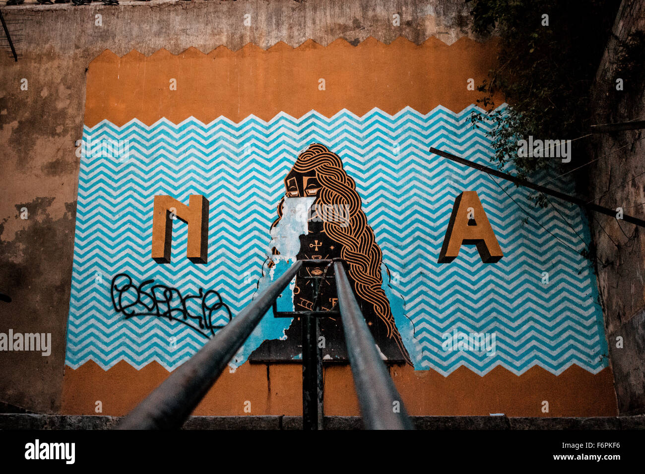 Graffiti Urban street art, like azulejos of Lisbon, Portugal. Stock Photo