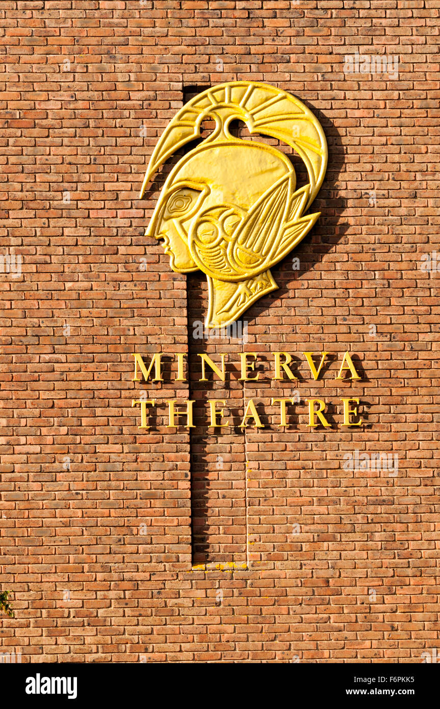 The Roman inspired logo for the Minerva Theatre on the side of the building next to the Chichester Festival Theatre. Stock Photo