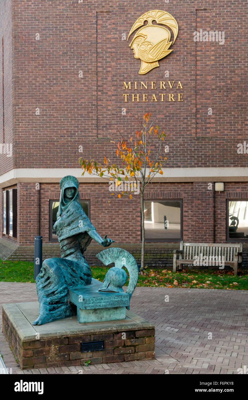 Statue of Minerva outside the Minerva Theatre in Chichester. SEE DESCRIPTION FOR DETAILS. Stock Photo