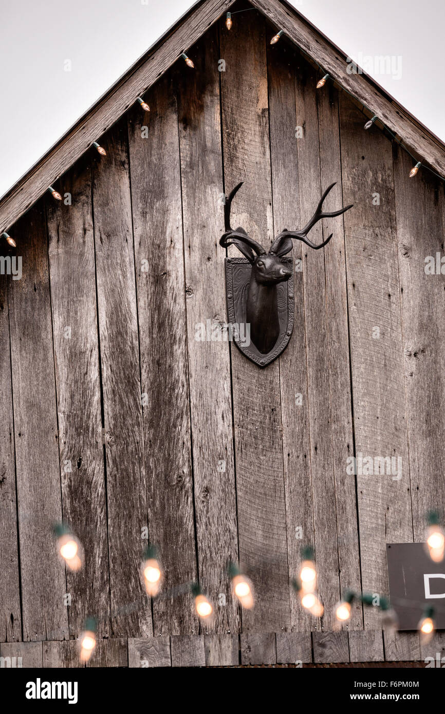 Old barn with Deer head decoration at the gallery of artist David Arms in Leipers Fork, Tennessee. Stock Photo