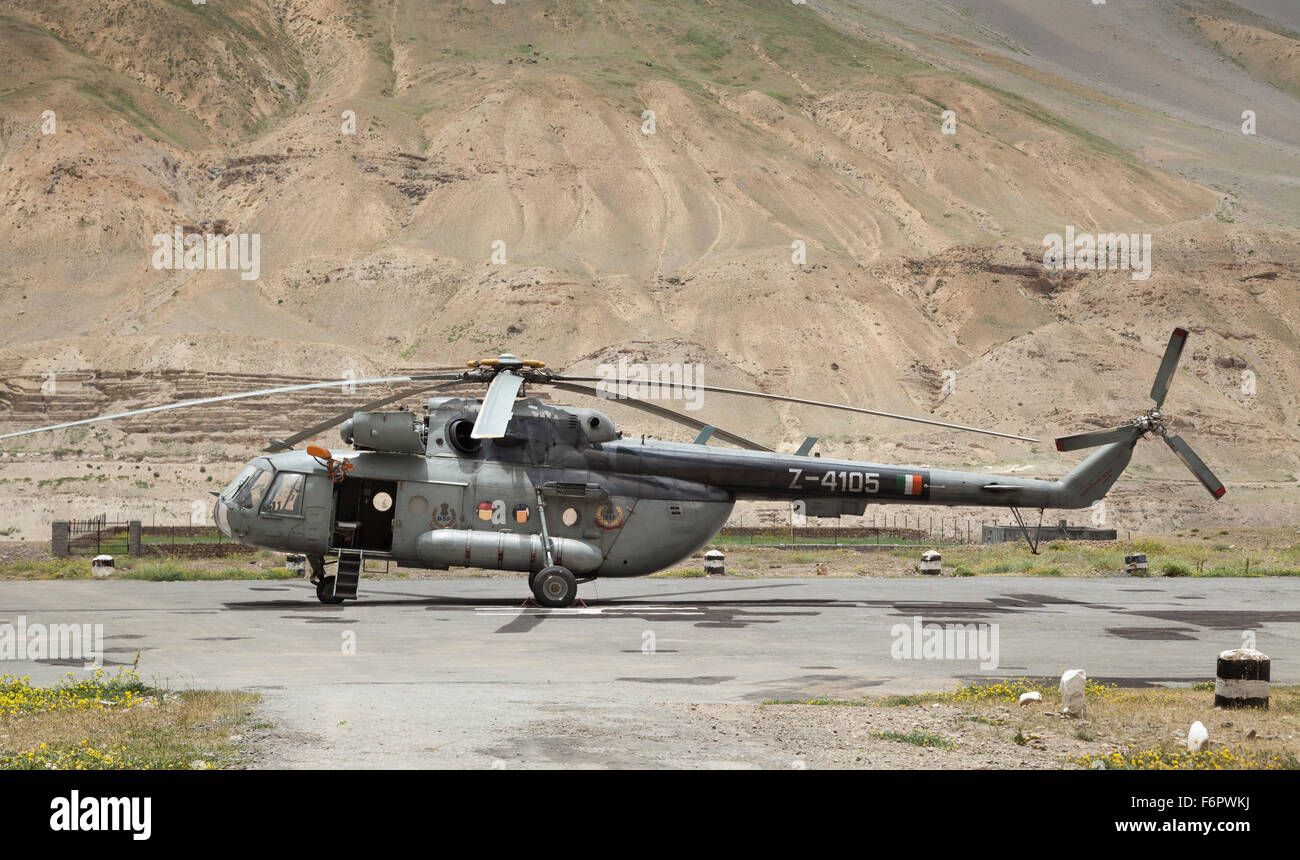 Helicopter of the Indian Border Security Force at Kaza in the Himalayan region of Himachal Pradesh, India Stock Photo