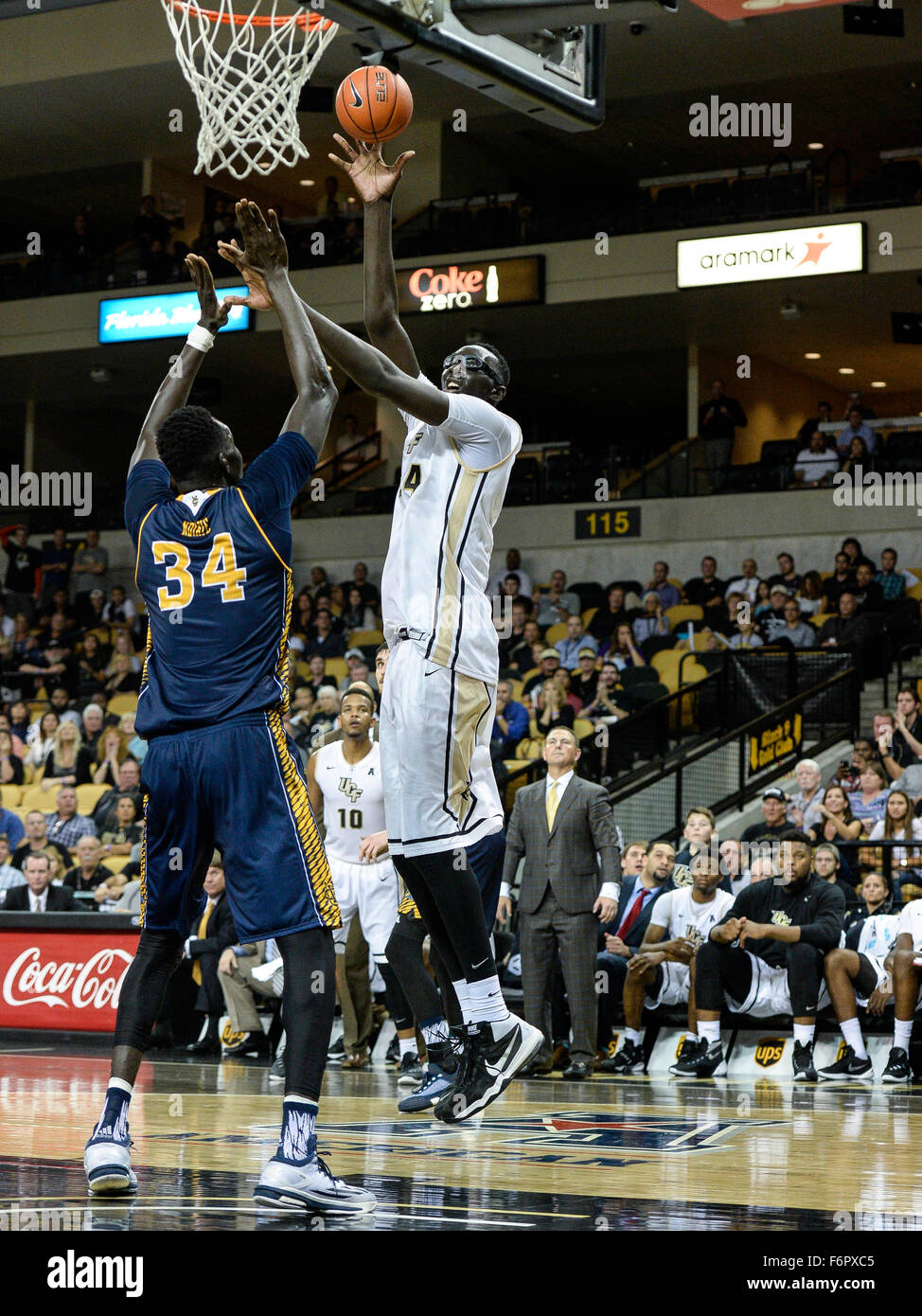 Orlando, FL, USA. 18th Nov, 2015. UCF Knights 7'6'' center Tacko Fall (24)  takes a shot over UC Irvine Anteaters 7'6'' center Mamadou Ndiaye (34)  during 2nd half mens NCAA basketball game