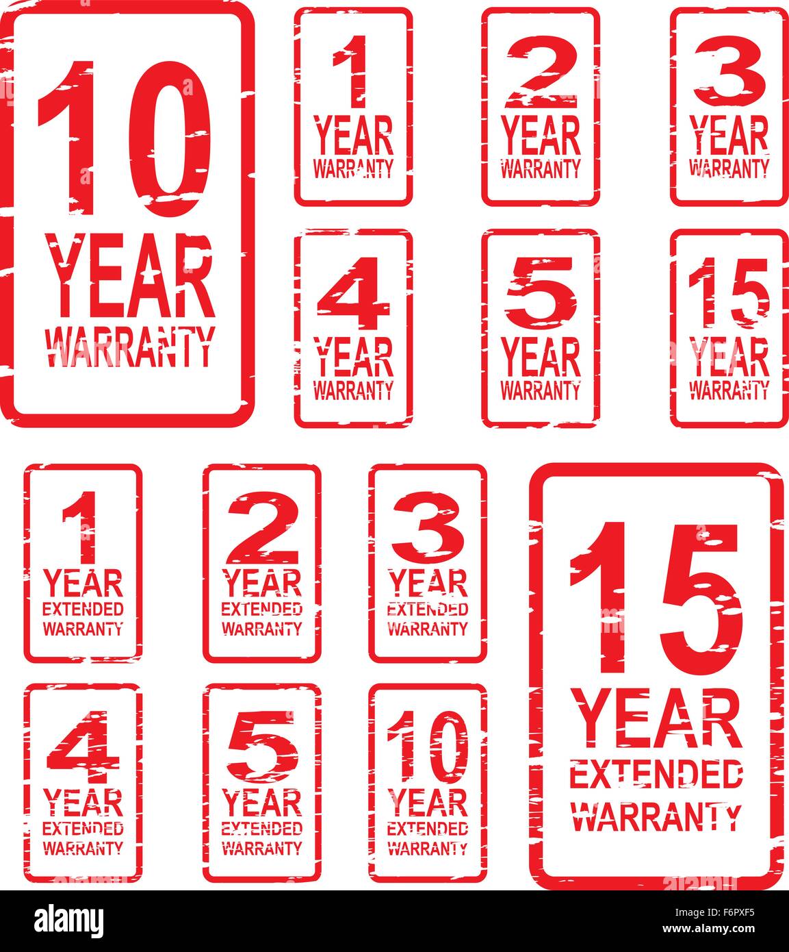 Red rubber stamp vector for warranty concept, including 1, 2, 3, 4, 5, 10 and 15 year extended warranty Stock Vector