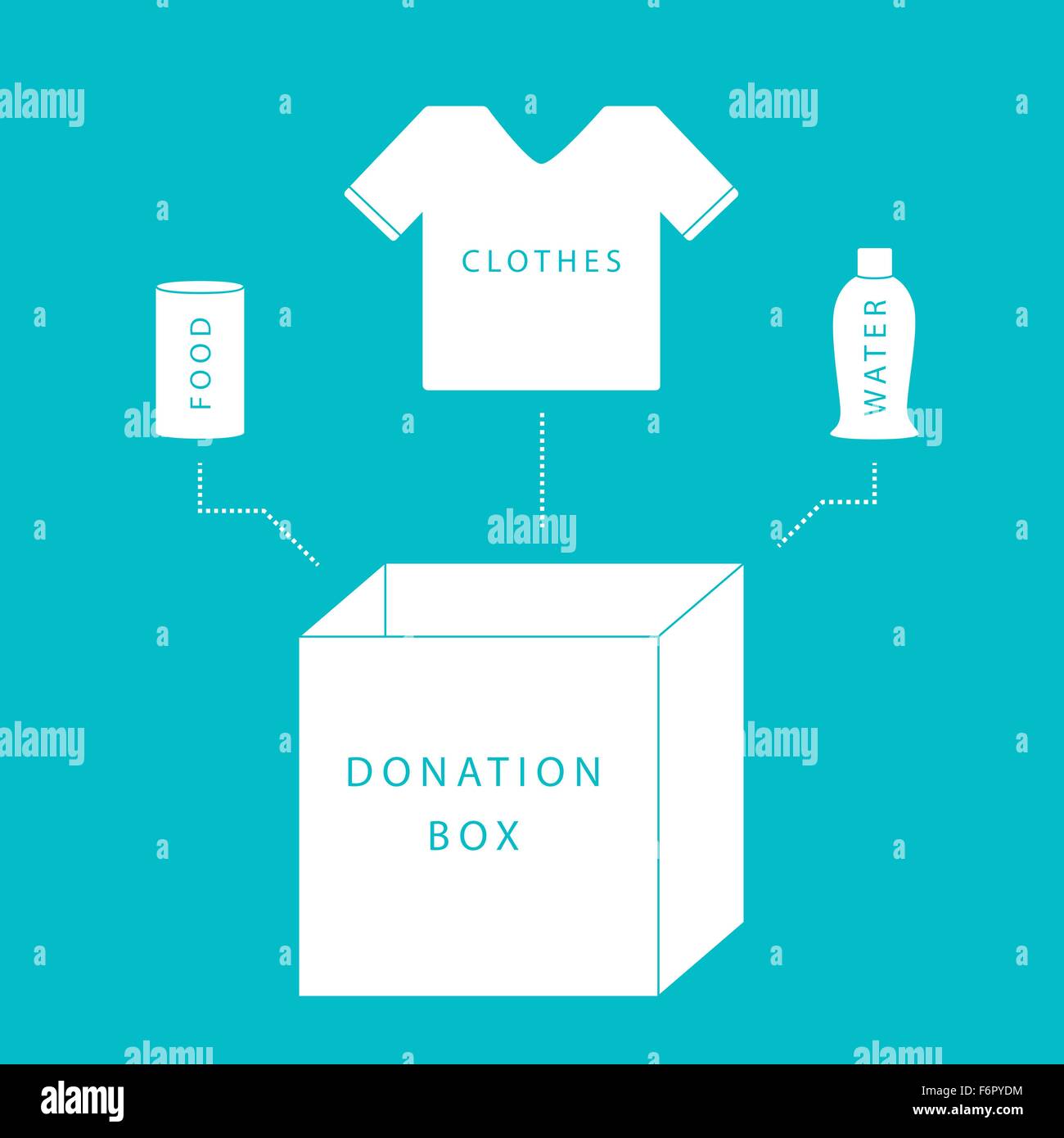 Donate concept of a donation box with food, water and clothing in simple, flat vector style Stock Vector