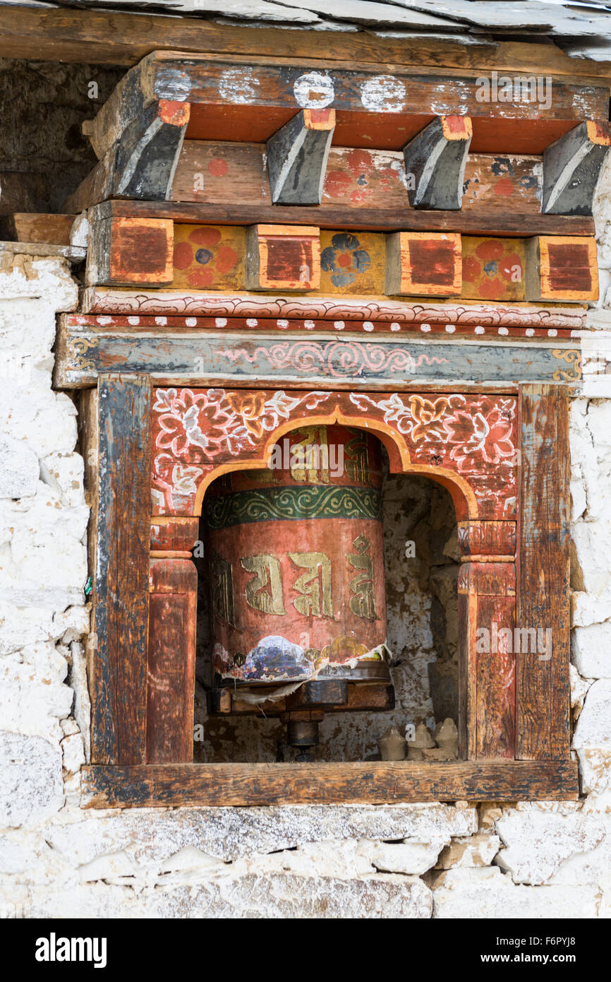 Prayer wheel at the temple at Ura, Bumthang, Bhutan Stock Photo